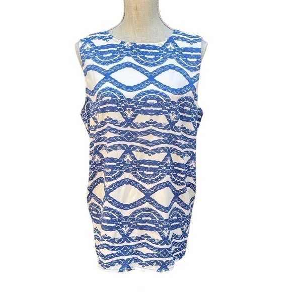ANN Taylor Blouse Blue and White Print Sleeveless Loose Fit Size Large - Picture 1 of 12